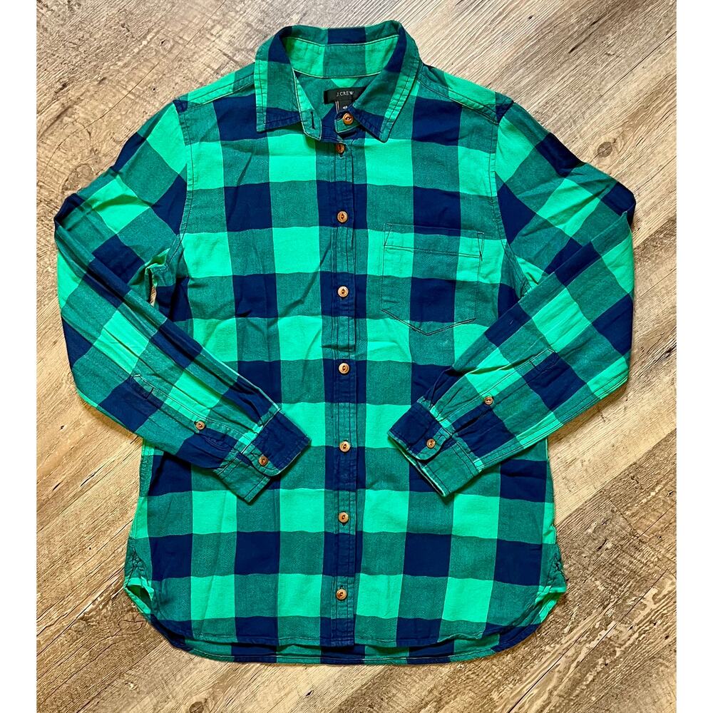 Women's J. Crew Mercantile Shirt Navy Blue/Green Buffalo Plaid Long Sleeve Sz 4P